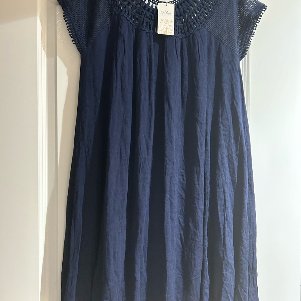 I Love Deep Navy Women’s Cotton Short MWT Dress with Crochet Accents Lined.Sz L